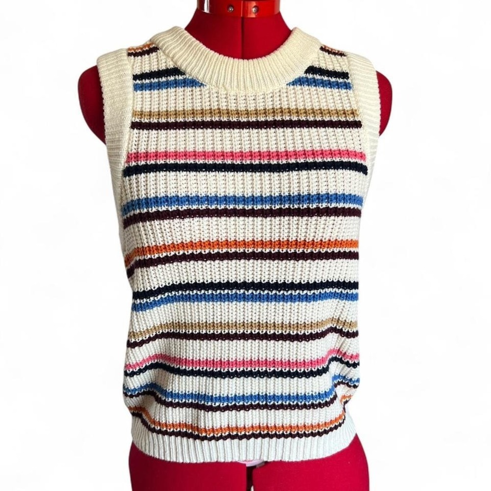 Loft Cream & Multicolor Striped Knit Sweater Vest Tank Top Size Small Boho